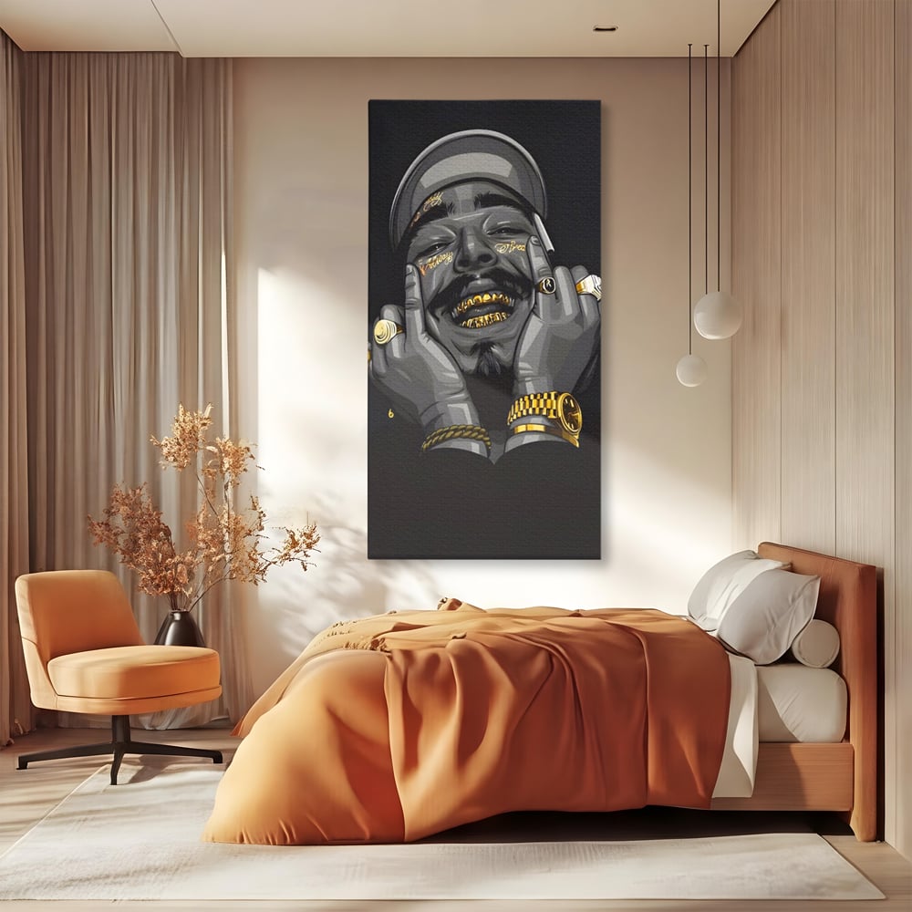 Tablou canvas cu tablou canvas cu portret post malone, fara rama, pe sasiu de lemn, pe perete intr-un dormitor
